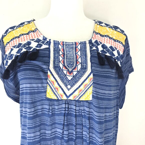 Women's Blue Burnout Aztec Embroidered Boho Tribal Bib Tunic Top - Picture 2 of 6